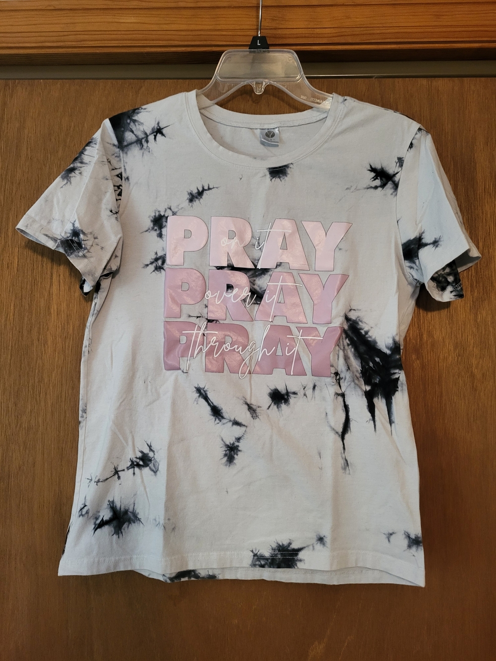Tie-Dye "Pray" Graphic Tee with Pink Text, M